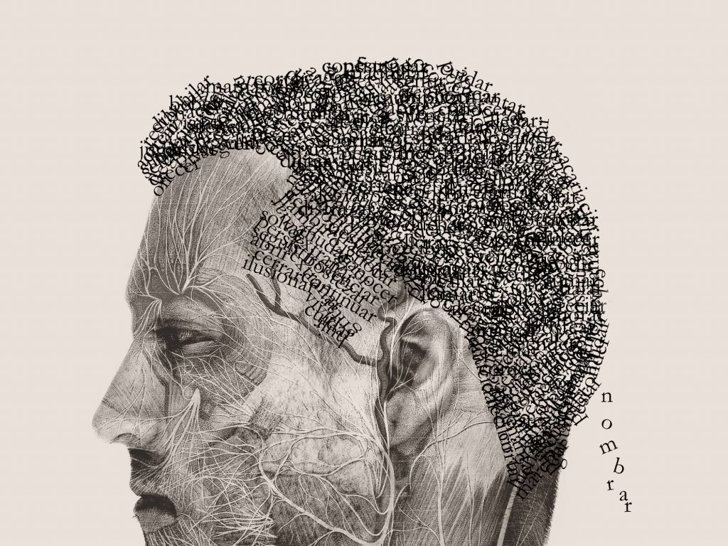 Ilustración y collage de la cabeza de un hombre llena de palabras.